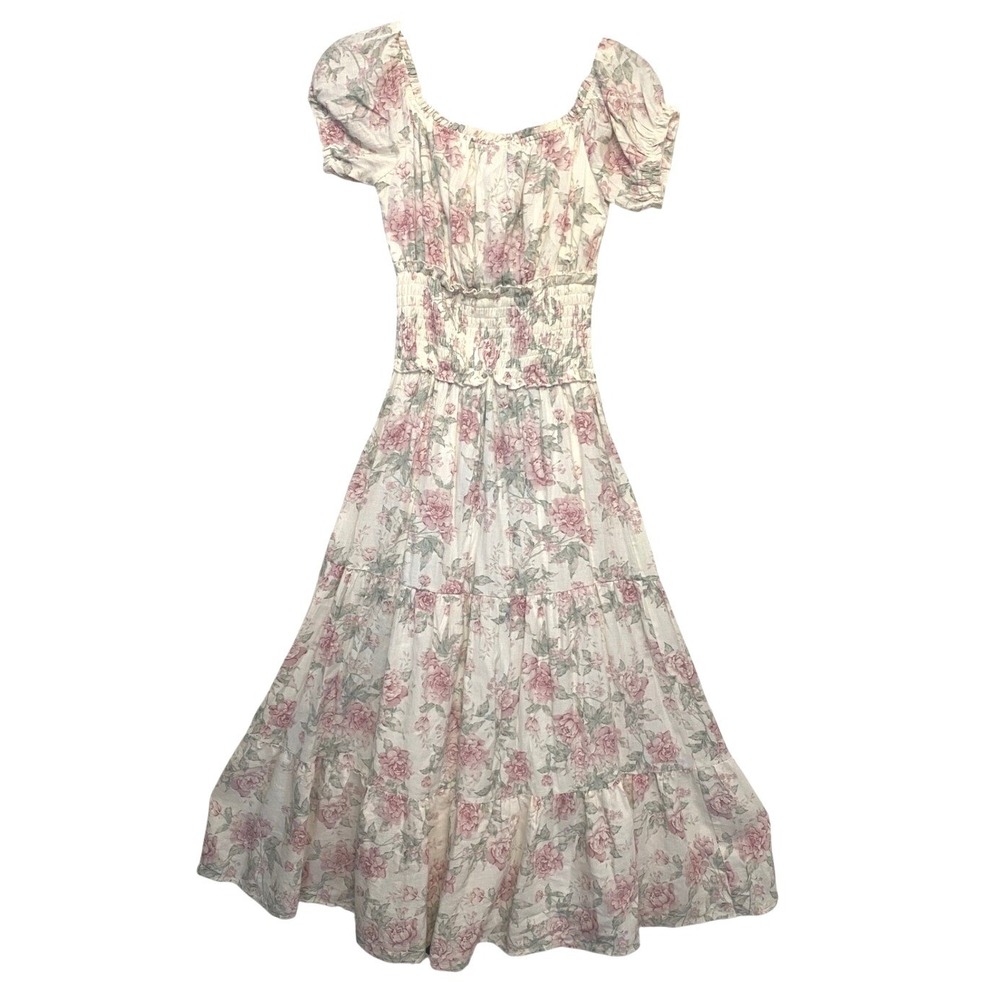 Trixxi Floral Smocked Waist Midi Dress Pink Short Sleeve Womens S Cottagecore
